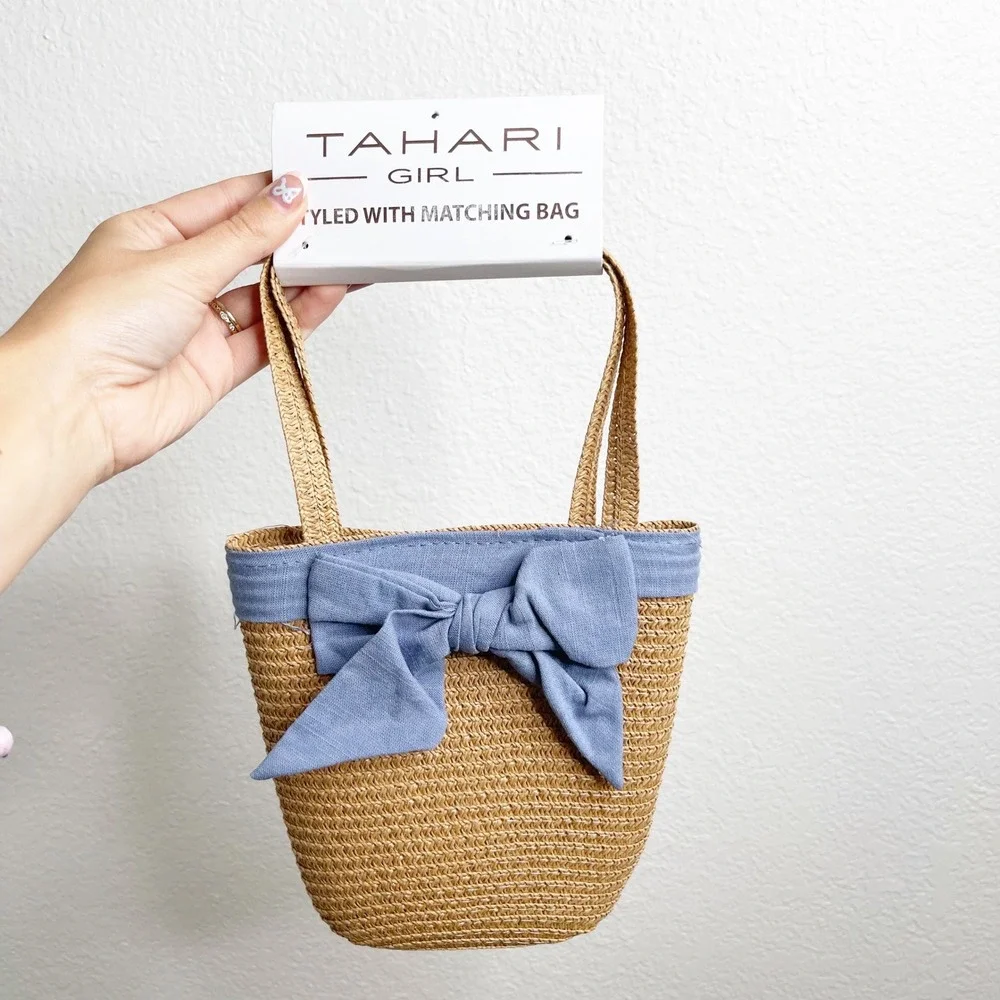 Tahari Kids Mini Woven Straw Tote Bag Tan Blue Trim Summer Beach Basket Purse